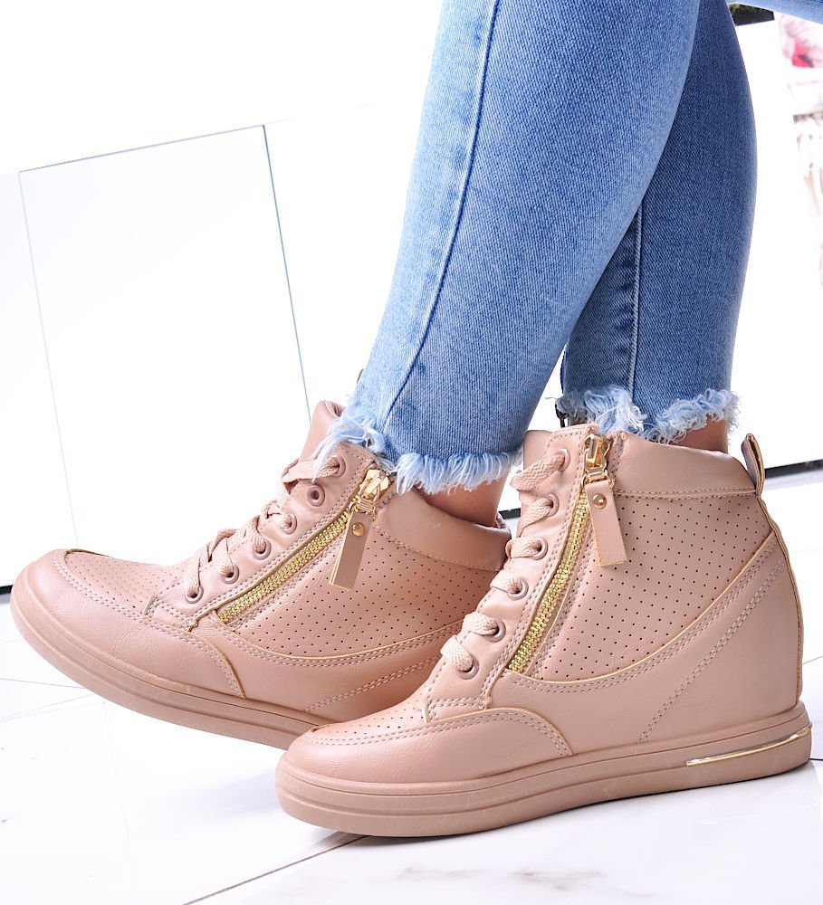 Beżowe sneakersy damskie na koturnie /B3-2 12826 T796/ 38