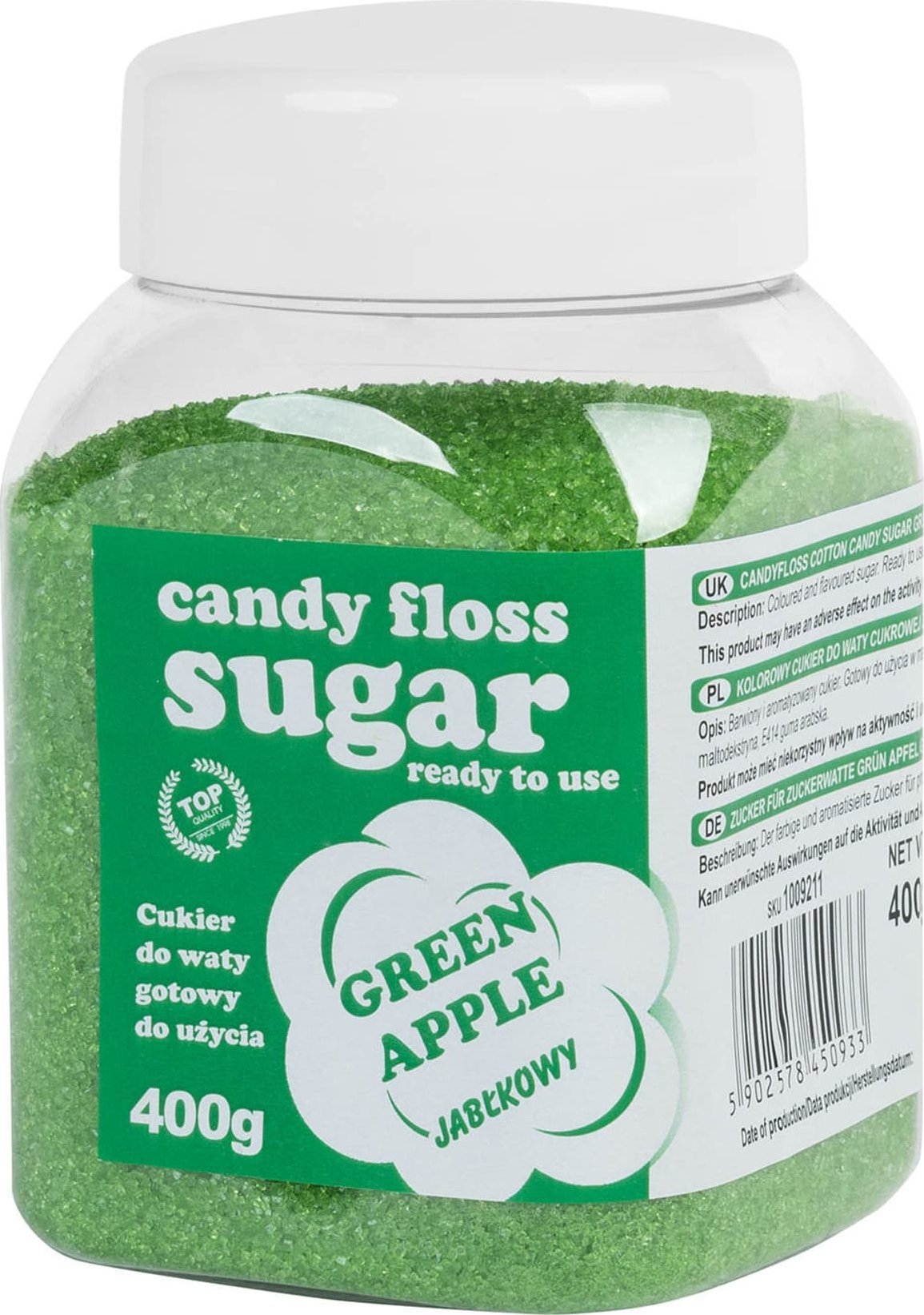 GSG24 Kolorowy cukier do waty cukrowej zielony o smaku jabłkowym 400g