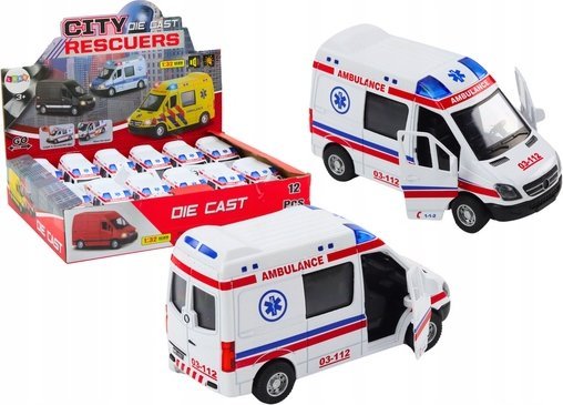 LeanToys Ambulans Karetka 1:32 Otwierane Drzwi Światła Dźwięki Napęd Biała