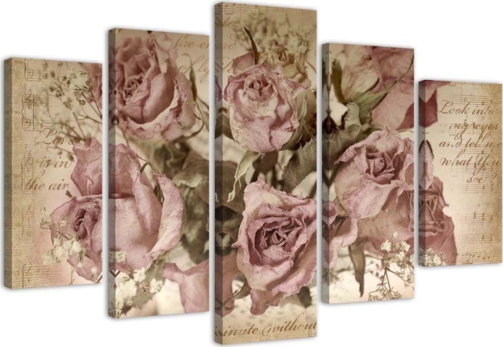 Feeby Obraz pięcioczęściowy na płótnie, Róże i nuty - 100x70