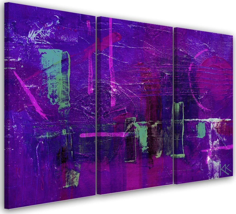 Feeby Obraz trzyczęściowy na płótnie, Fioletowa abstrakcja ręcznie malowana - 90x60