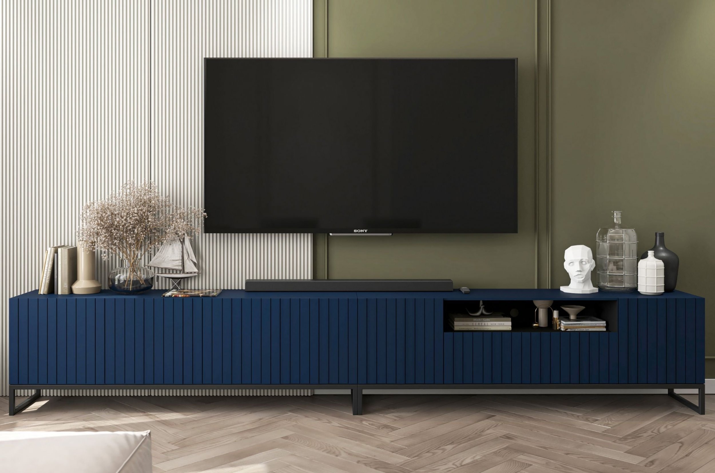 Meble Lindner Szafka RTV Glamour Nowoczesna Komoda RTV Ryflowane Fronty Loft Granatowy Mat 300 cm