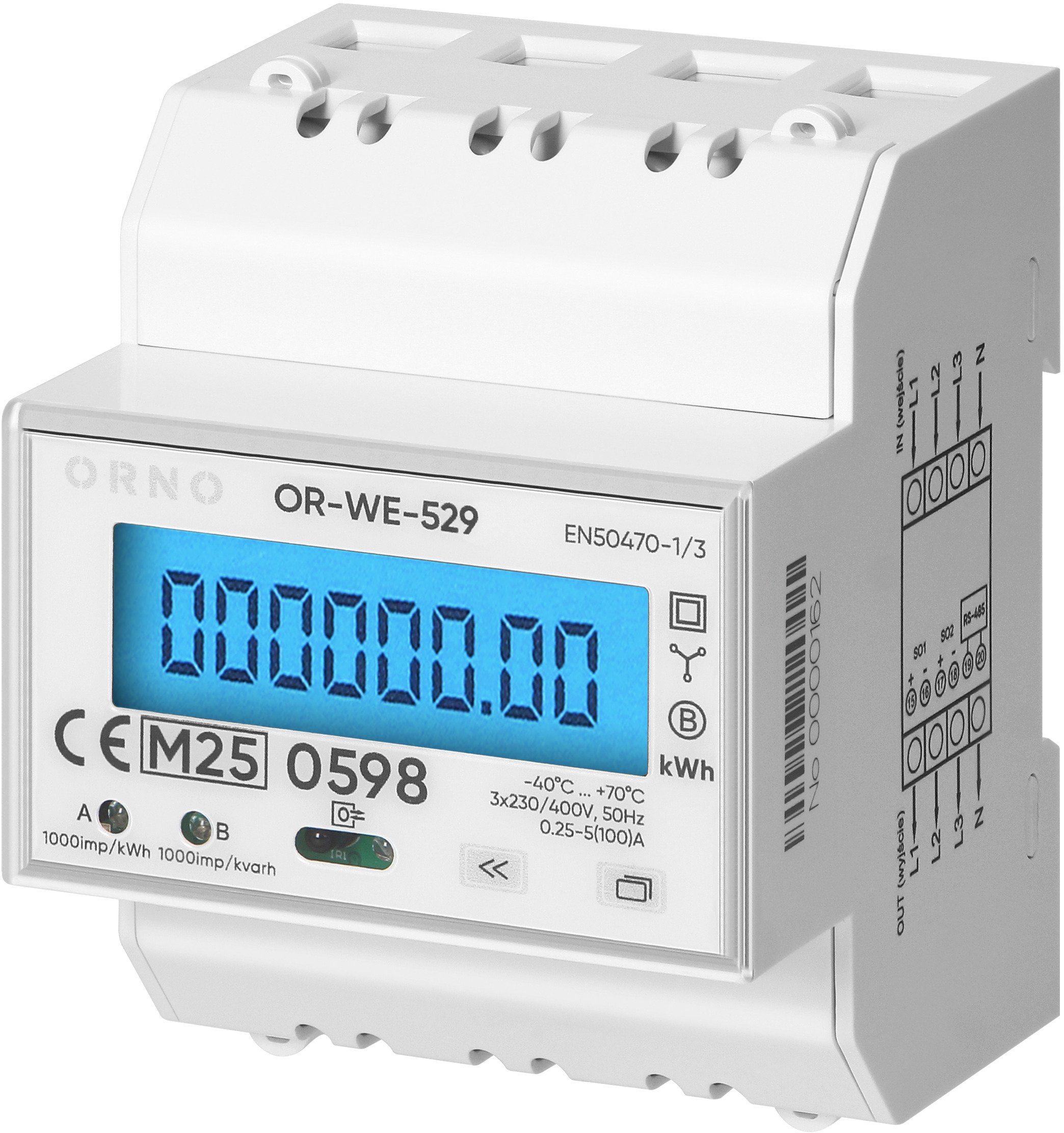 Orno 3-fazowy licznik energii elektrycznej, 100A, port RS-485, MID, 4 moduły, DIN TH-35mm, PV-Ready, OR-WE-529