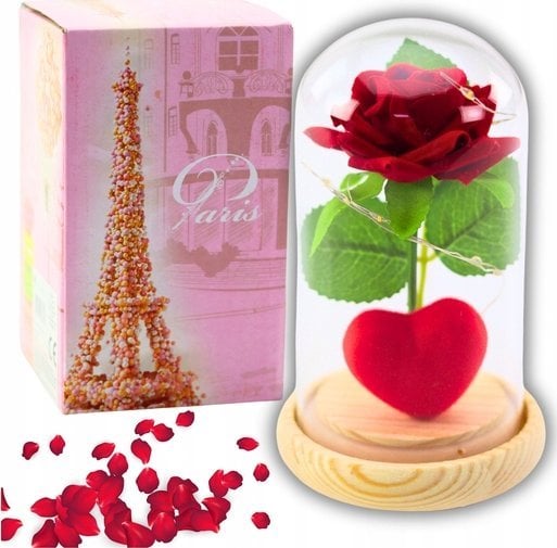 Wieczna Róża w Kopule z Oświetleniem LED Czerwona z Serduszkiem 14x8cm