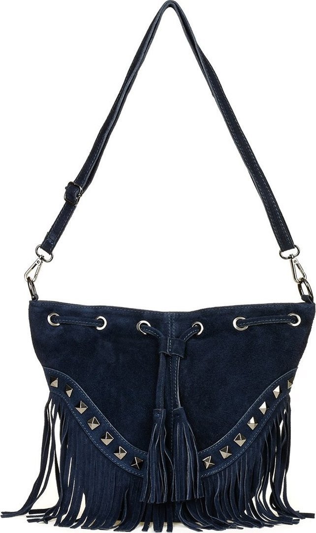 Granatowa Damska Torebka Worek Skóra Zamsz Frędzle Włoska X39 NoSize