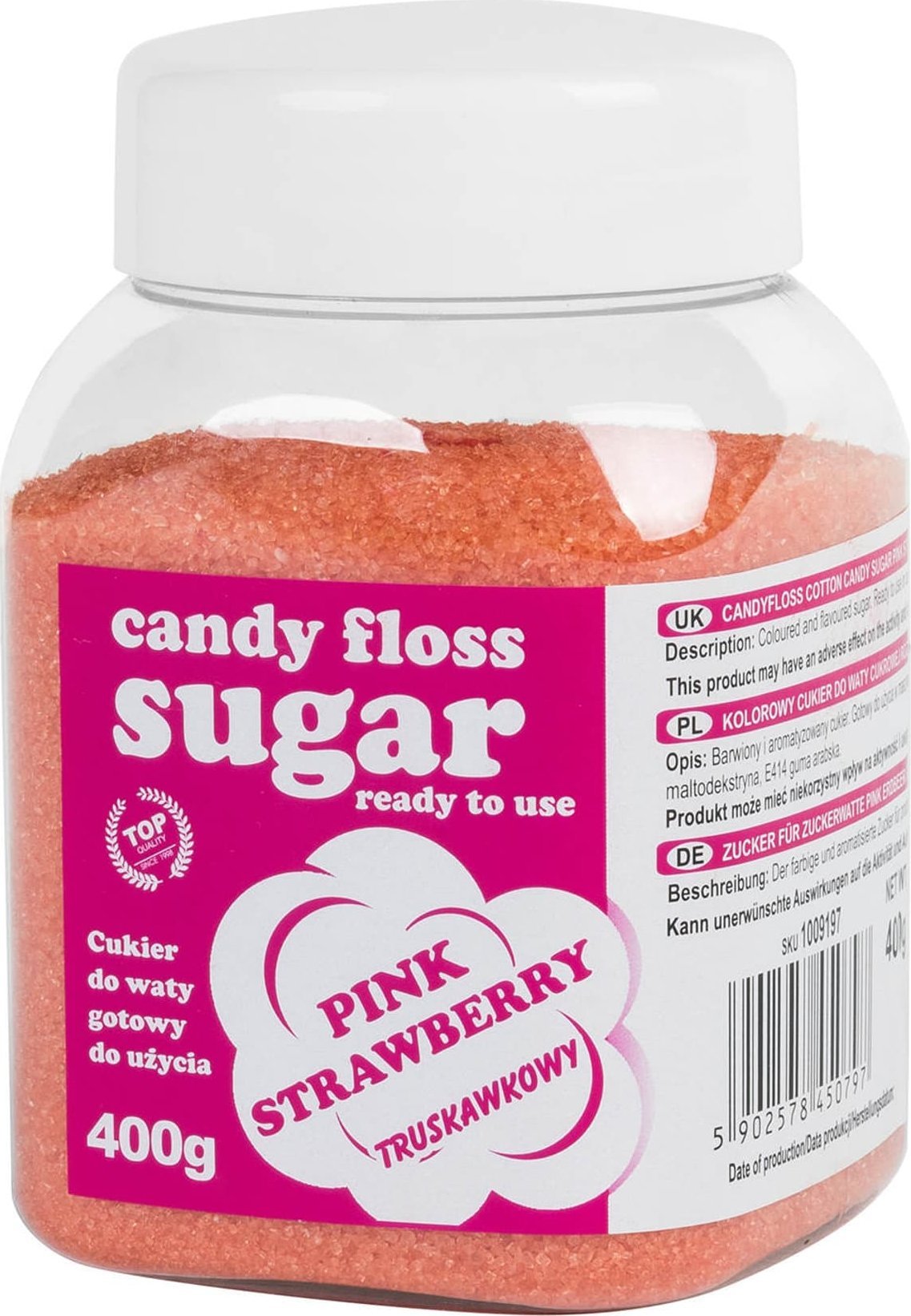 GSG24 Kolorowy cukier do waty cukrowej różowy o smaku truskawkowym 400g