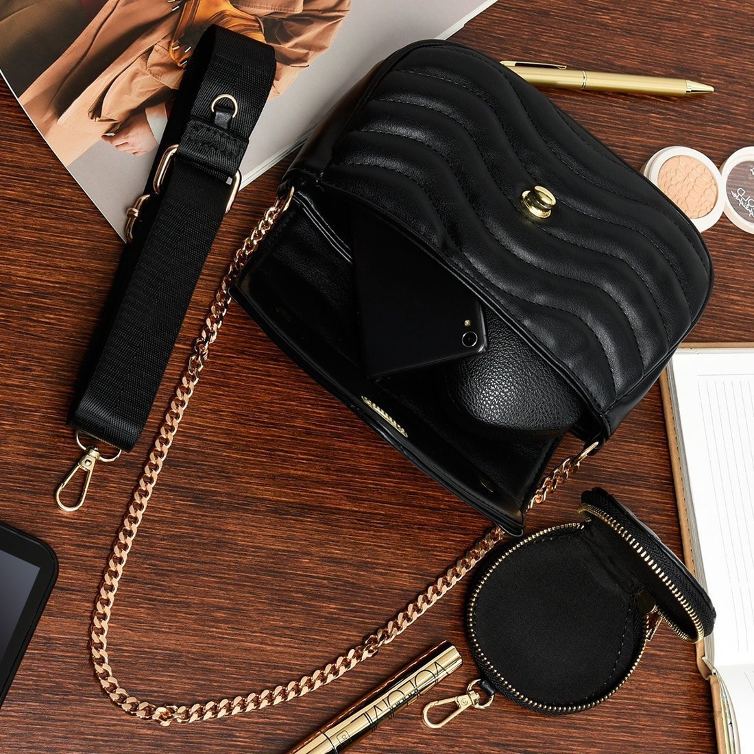 Czarna Torebka 2w1 łańcuszek etui pikowana klapa Z42 NoSize