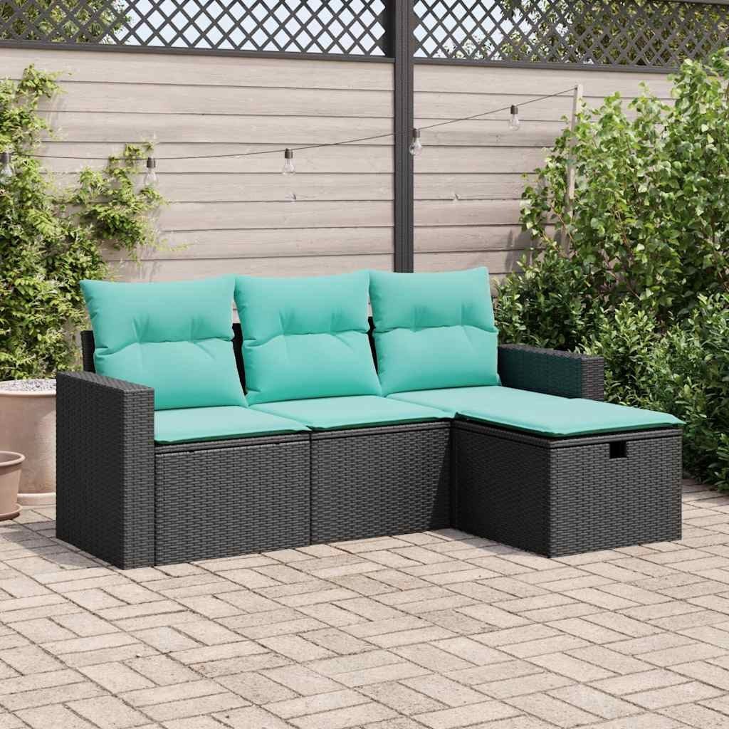 Garden Sofa Set Black PE Rattan 4 Piece Set Removable Covers