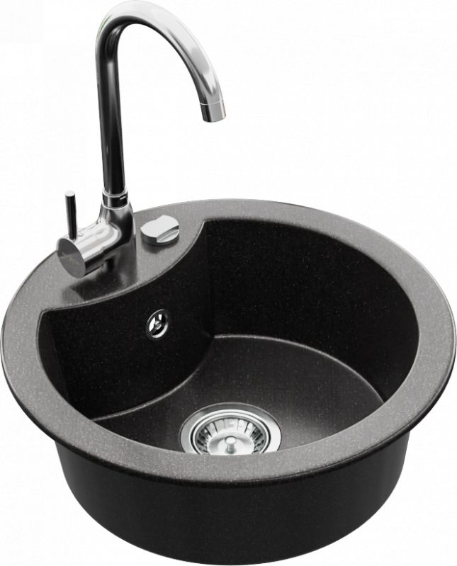 Zlewozmywak Mexen Diego granitowy 1-komorowy z baterią kuchenną Telma, czarny nakrapiany - 6512-76-670200-00