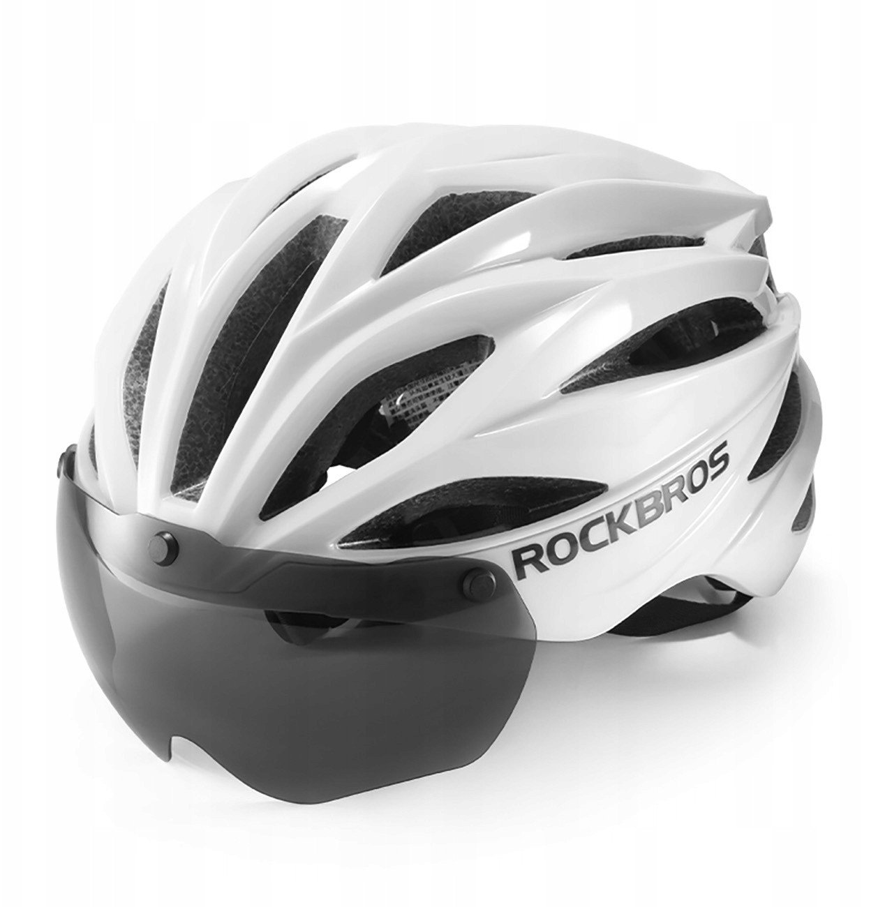 Kask rowerowy Rockbros z szybką, odpinane okulary z ochroną UV, unisex, błyszczący - biały