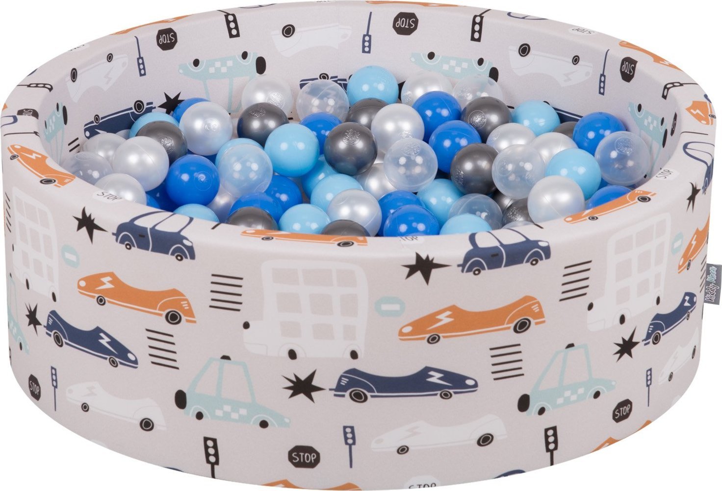 KiddyMoon KiddyMoon Suchy basen okrągły z piłeczkami 7cm samochody-beż: perła-niebieski-babyblue-transparent-srebrny 90x30cm/200piłek Zabawka basen pi