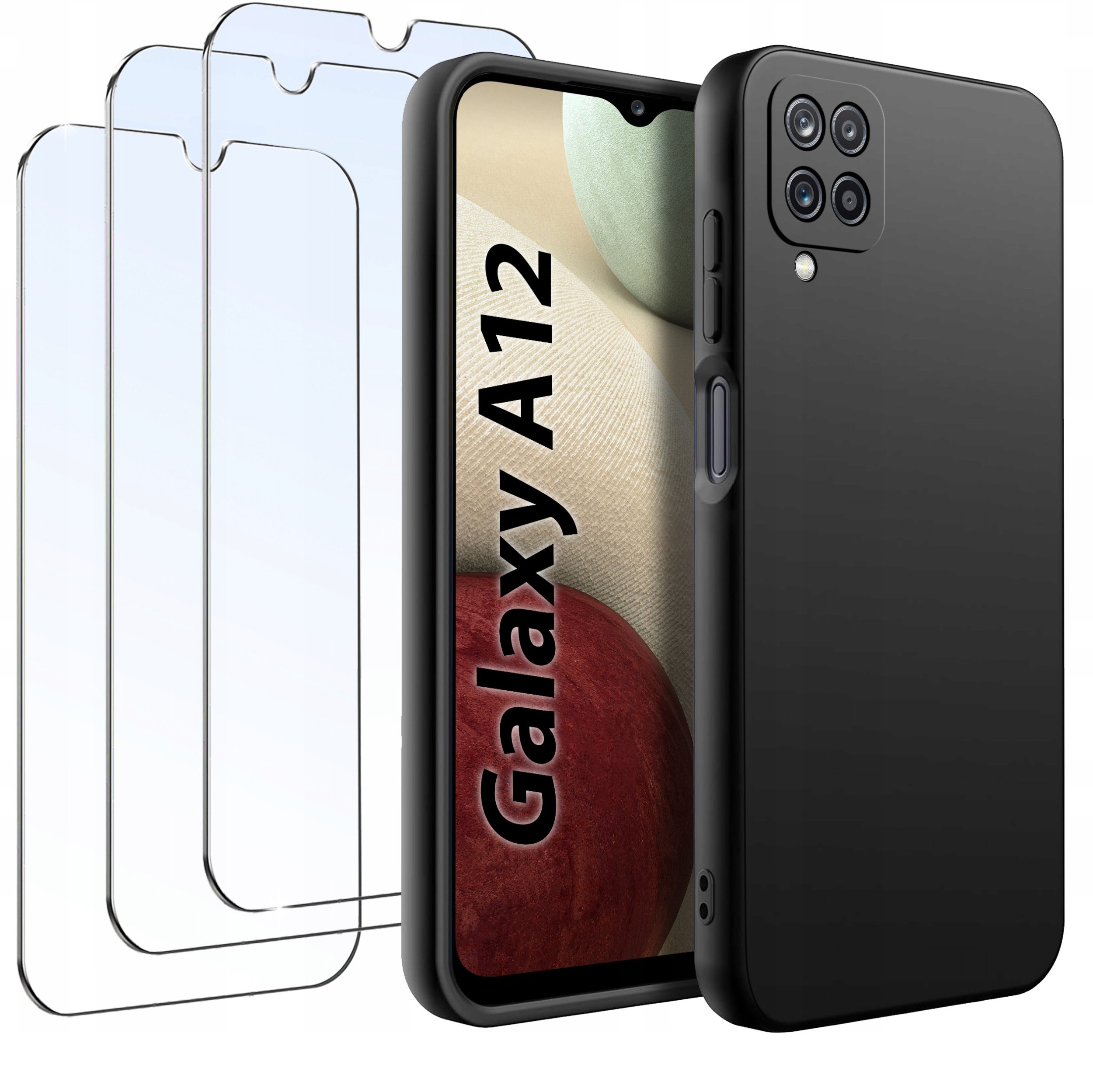 ZESTAW Etui do Samsung A12 | M12 Matowe Czarne Silikon Slim +3 SZTUKI SZKŁO