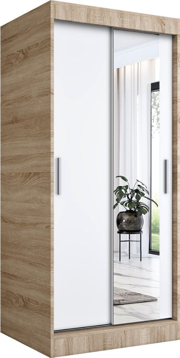 MKPOL Szafa przesuwna MODUO COMFORT 90 dąb sonoma/biała mat z lustrem po prawej