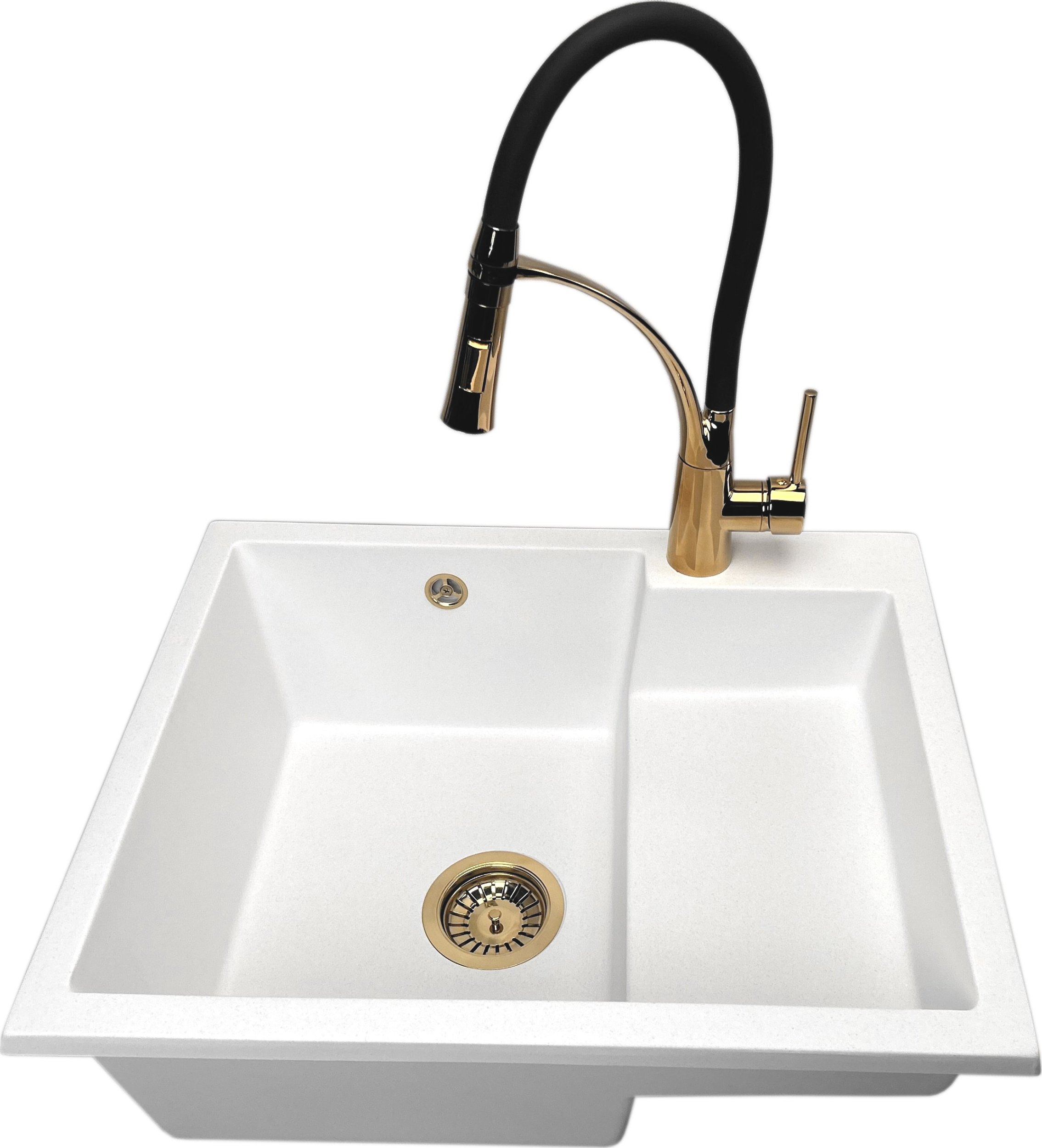 Zlewozmywak PREHNIT Zlewozmywak jednokomorowy COMAZ biały + bateria NEXO złota