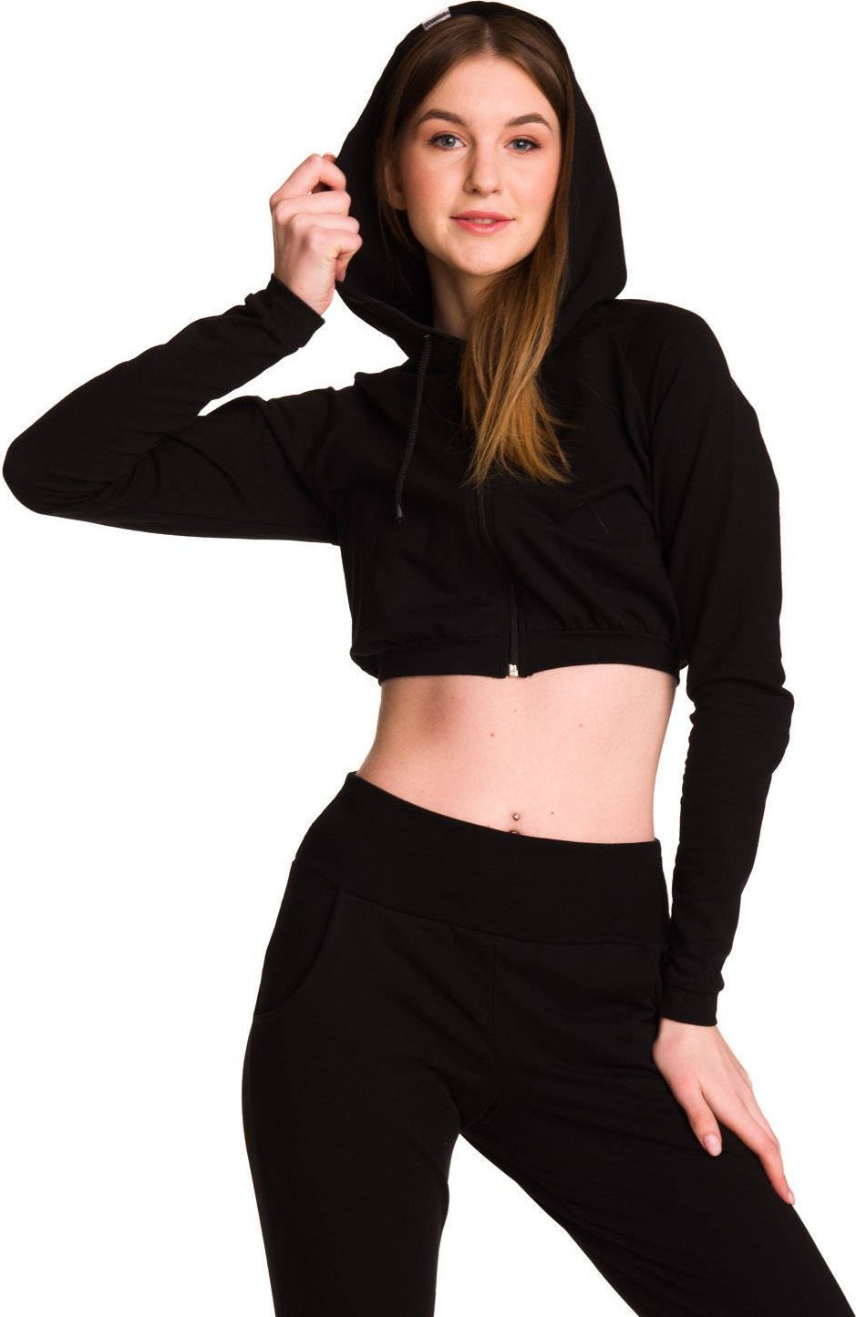 RENNWEAR Bluza damska dresowa krótka z dużym kapturem dziecięca dla dziewczynki czarny 128-134 cm