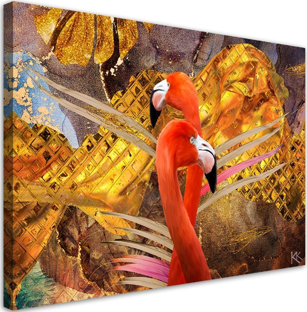 Feeby Obraz na płótnie, Flamingi na tle ze złota - 120x80