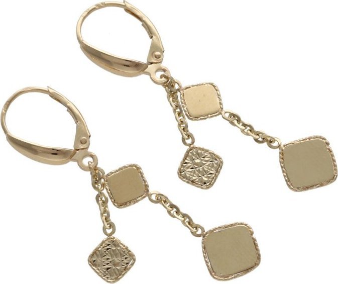 Lovrin Złote kolczyki 585 wiszące kwadraciki na angielskie zapięcie