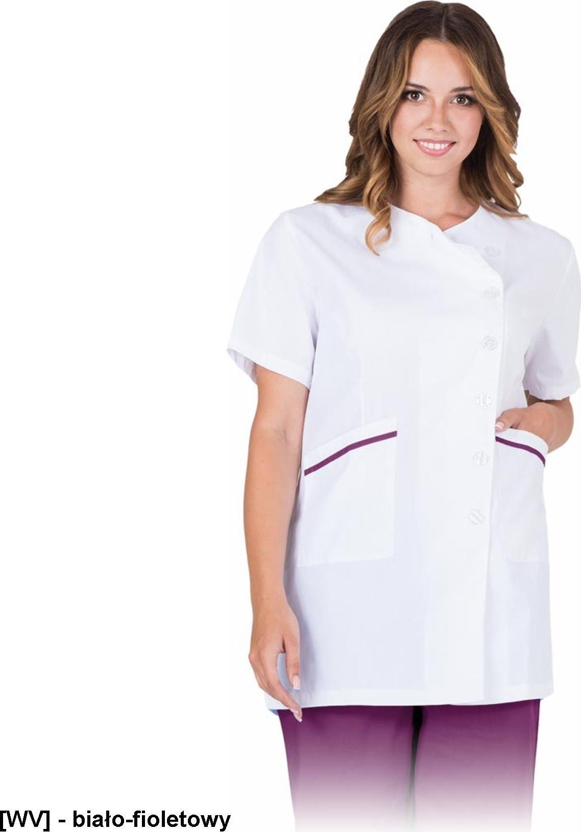 R.E.I.S. NONA-J - bluza damska z krótkim rękawem , 65% poliester, 35% bawełna, 175 g/m, zapinana na guziki - biało-fioletowy 2XL