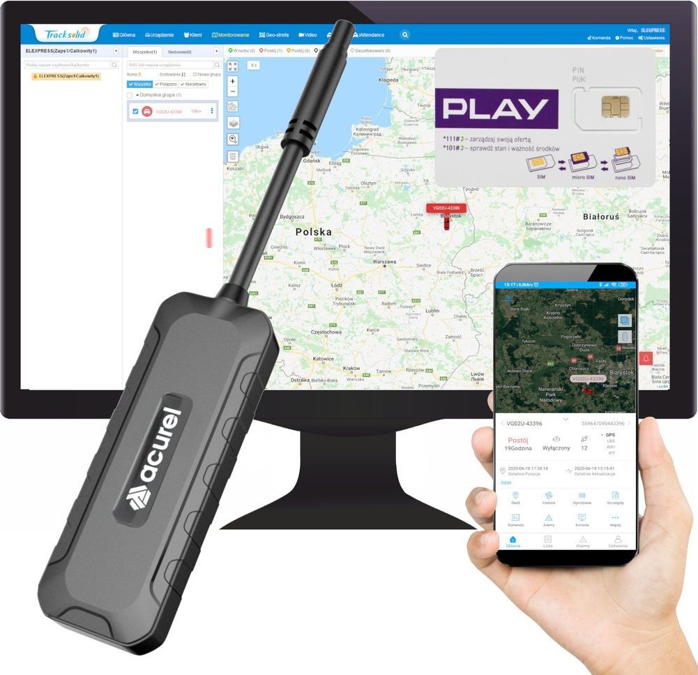 Moduł GPS Acurel Lokalizator GPS samochód, motocykl + karta Play + Tracksolid 1 rok uniwersalny