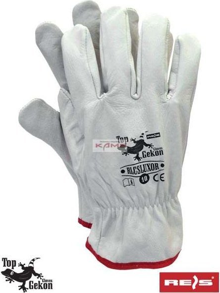 R.E.I.S. RLCSLUXOR - rękawice ochronne biała skóra bydlęca licowa, część chwytna z jednego kawałka skóry, z mankietem 10