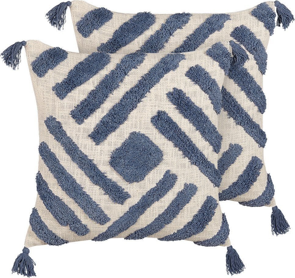 Beliani 2 bawełniane poduszki dekoracyjne geometryczny wzór z frędzlami 45 x 45 cm beżowo-niebieskie JACARANDA!