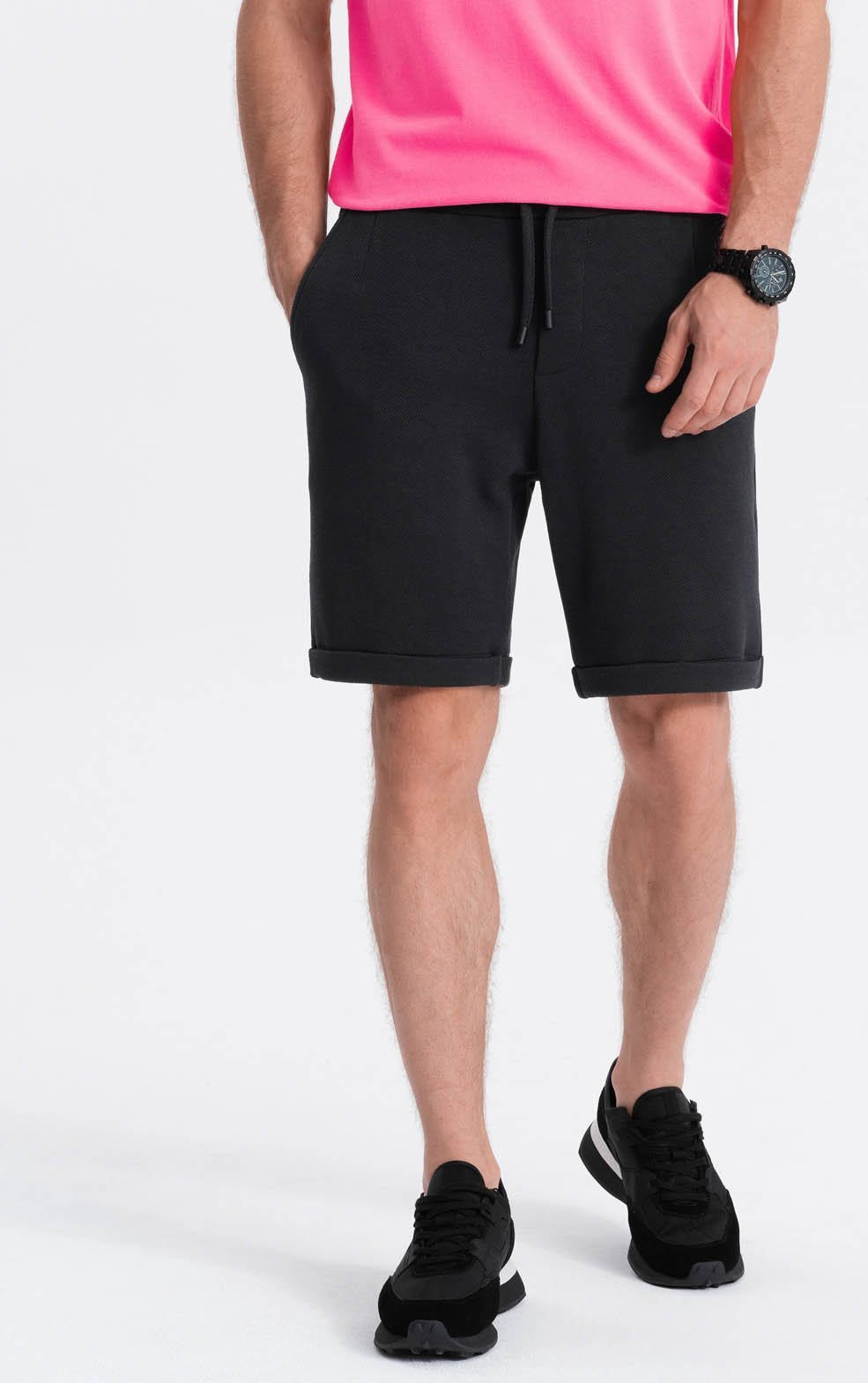 Ombre Dzianinowe szorty męskie z gumką w pasie - czarne V2 OM-SRCS-0107 XXL