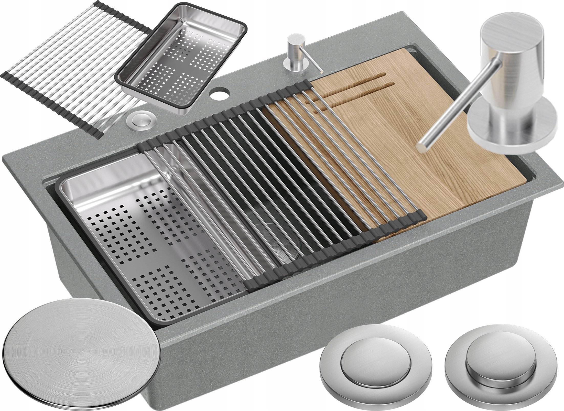 Zlewozmywak GraniteQ Zlewozmywak granitowy MARC 1-komorowy 76x50 cm szary/silver stone + elementy stal szlachetna