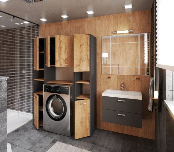 Zestaw Łazienkowy Duży Słupek Szafka Stojąca Nad Pralkę Loft Szary Wotan