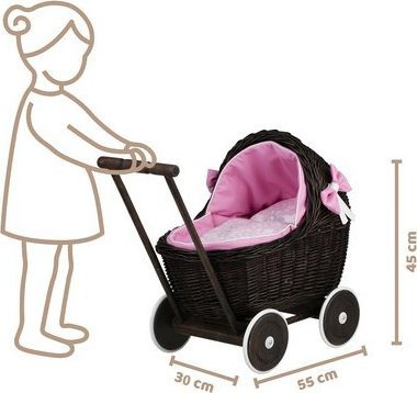 WickerPL LILI WIKLINOWY WÓZEK DLA LALEK Z RÓŻOWYM OBSZYCIEM 48X28 H26/47 CM