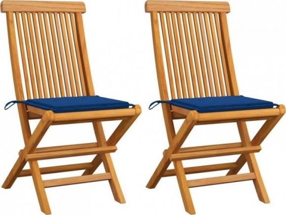 vidaXL Krzesła ogrodowe z niebieskimi poduszkami, 2 szt., tekowe