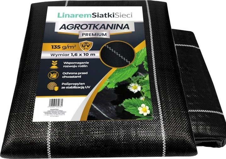 Linarem SiatkiSieci AGROTKANINA 135G 1,6x10m PREMIUM UV 3% AGROWŁÓKNINA CZARNA MATA + KOŁKI