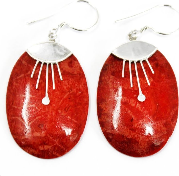 Lovrin Kolczyki srebrne Koral - Klasyczny Owal