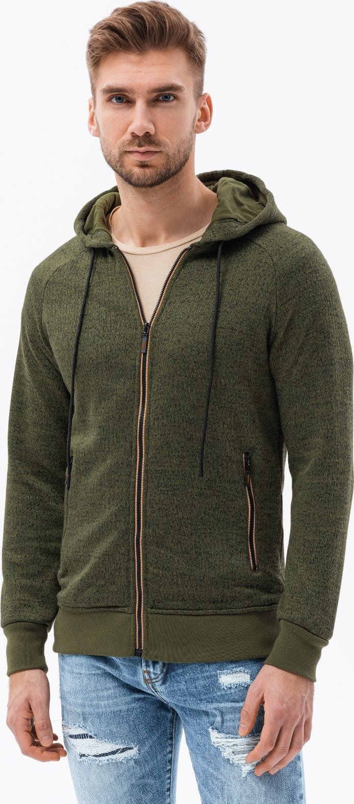 Ombre Dzianinowa bluza męska rozpinana z kapturem - V2 oliwkowa B1425 M