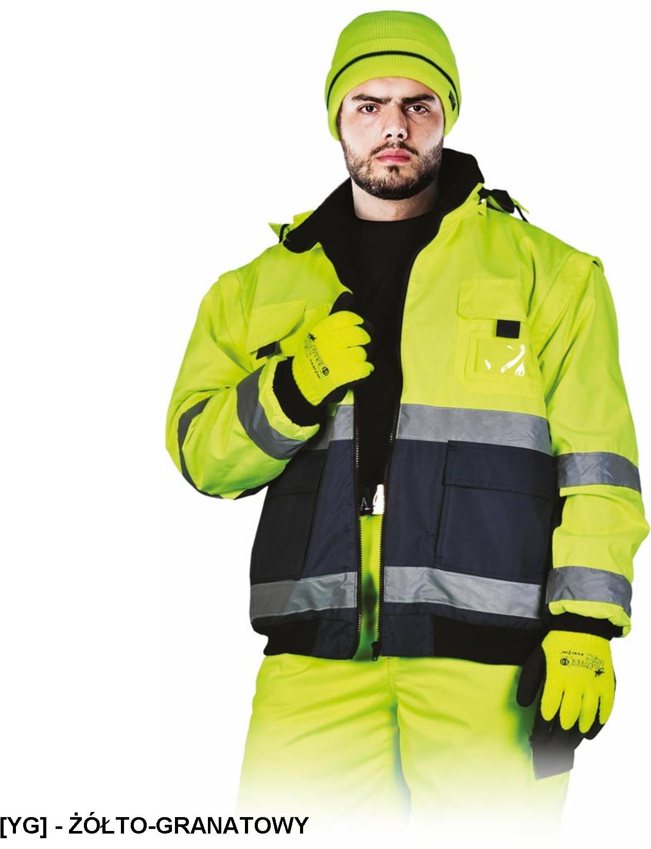 LH-VIBER - Kurtka ocieplana polarem z pasami odblaskowymi oraz odpinanymi rękawami - pomarańczowo-granatowy M