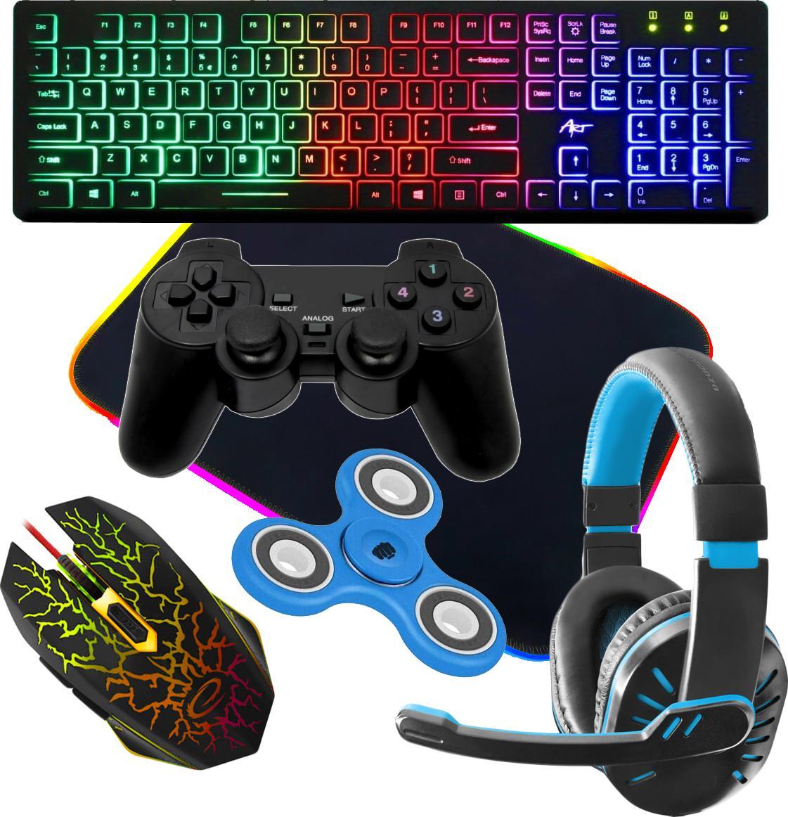 Art Zestaw gamingowy klawiatura ART SLIM AK-20 podświetlana mysz mata RGB słuchawki pad