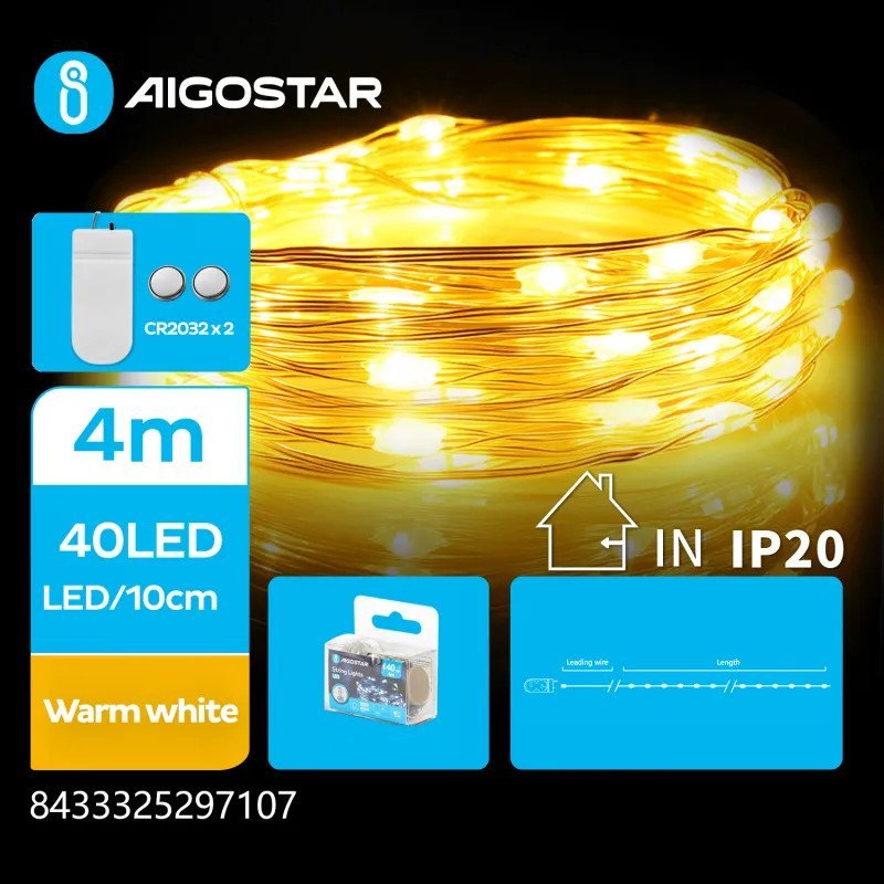 Lampki choinkowe Aigostar Lampki choinkowe z drutu miedzianego na baterie guzikowe, Ciepła Taśma świetlna z drutu miedzianego na baterie guzikowe, Ci