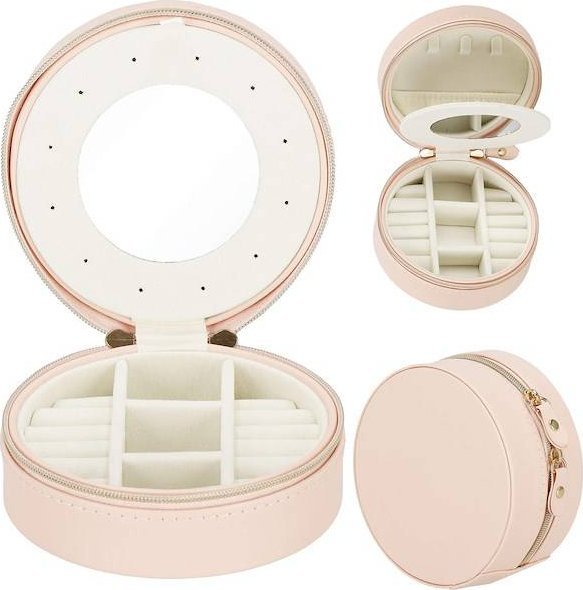 Springos Szkatułka na biżuterię okrągła 11x5 cm jasnoróżowy organizer z przegródkami ekoskóra UNIWERSALNY