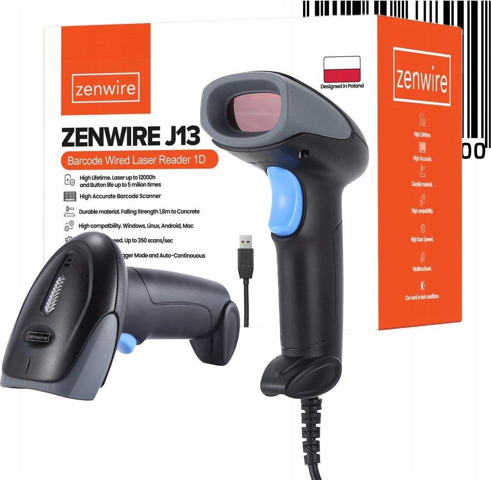 Czytnik kodów kreskowych Zenwire Czytnik Skaner Kodów Kreskowych Stacjonarny Laserowy EAN USB Przewodowy 1D J13
