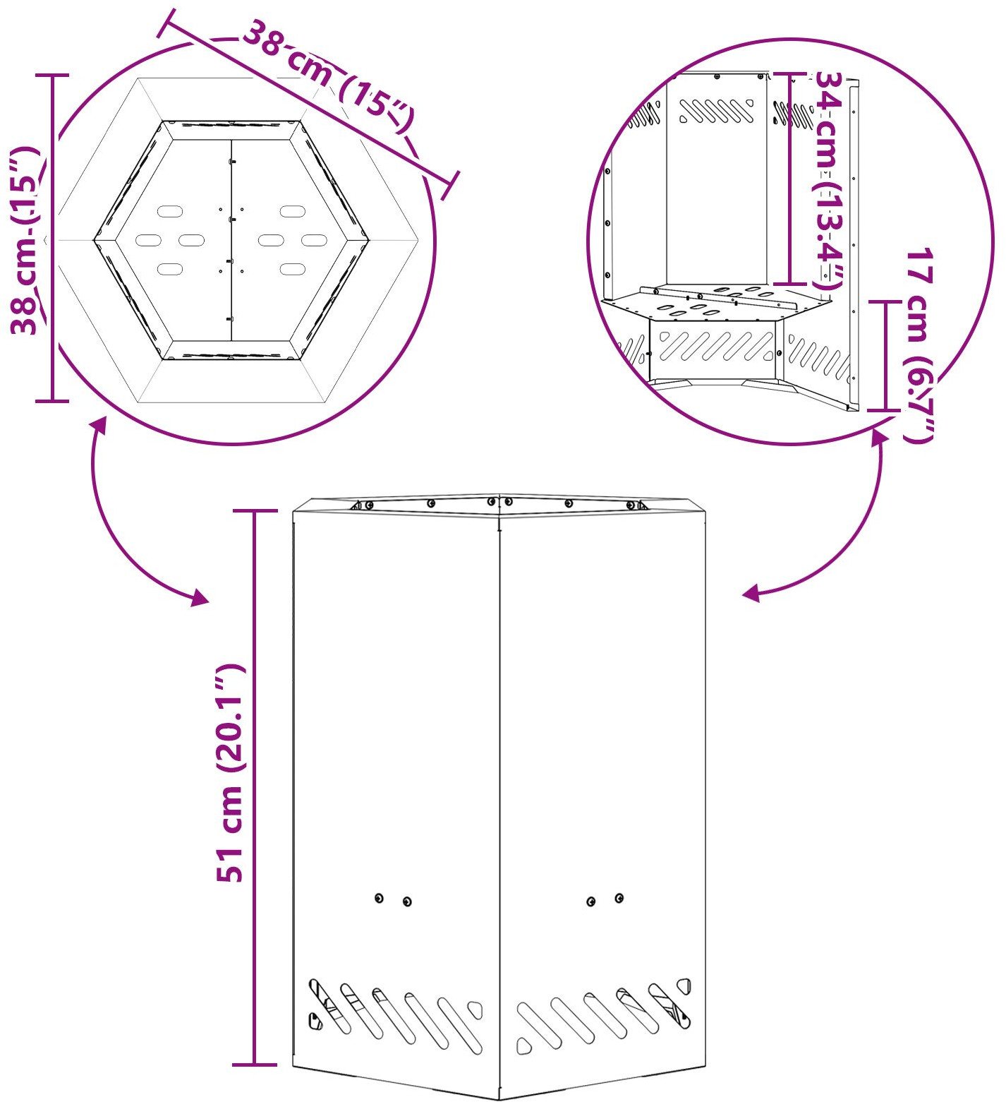 Bezdymny Ognisko Sześciokątne 38x38x51 cm Stal Wietrzejąca