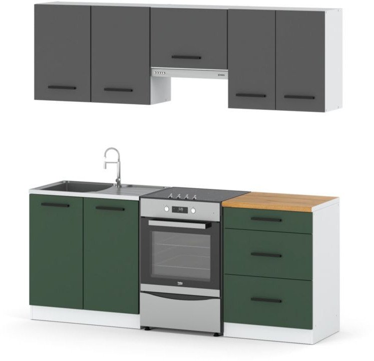 Kuchnia Modułowa Nowoczesna Z Blatem Mała 2m Biały Szary Butelkowa Zieleń