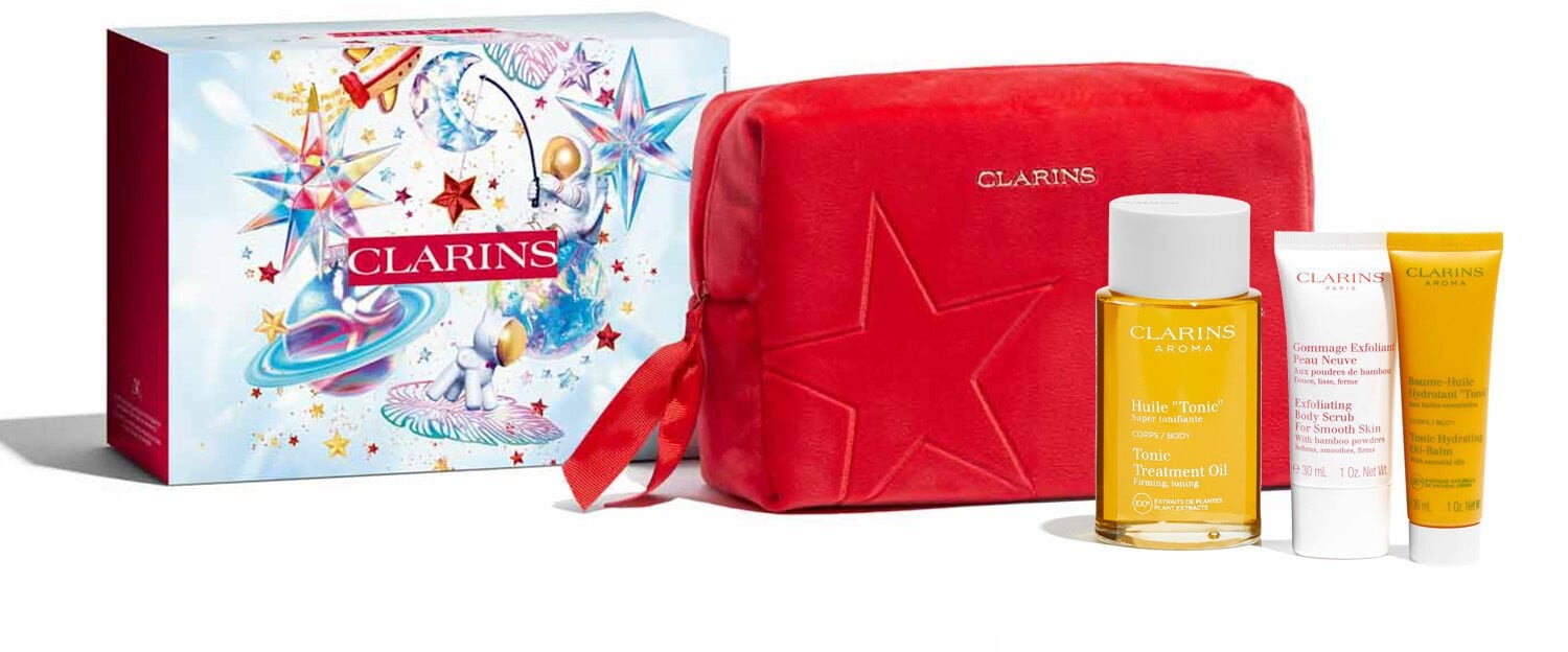 Clarins Set : Tonic, Firming, Body Oil, 100 ml + Exfoliating, Body Scrub, 30 ml + Tonic, Hydrating, Body Balm, Body, 30 ml + GWP Textile Pouch, Red Fo