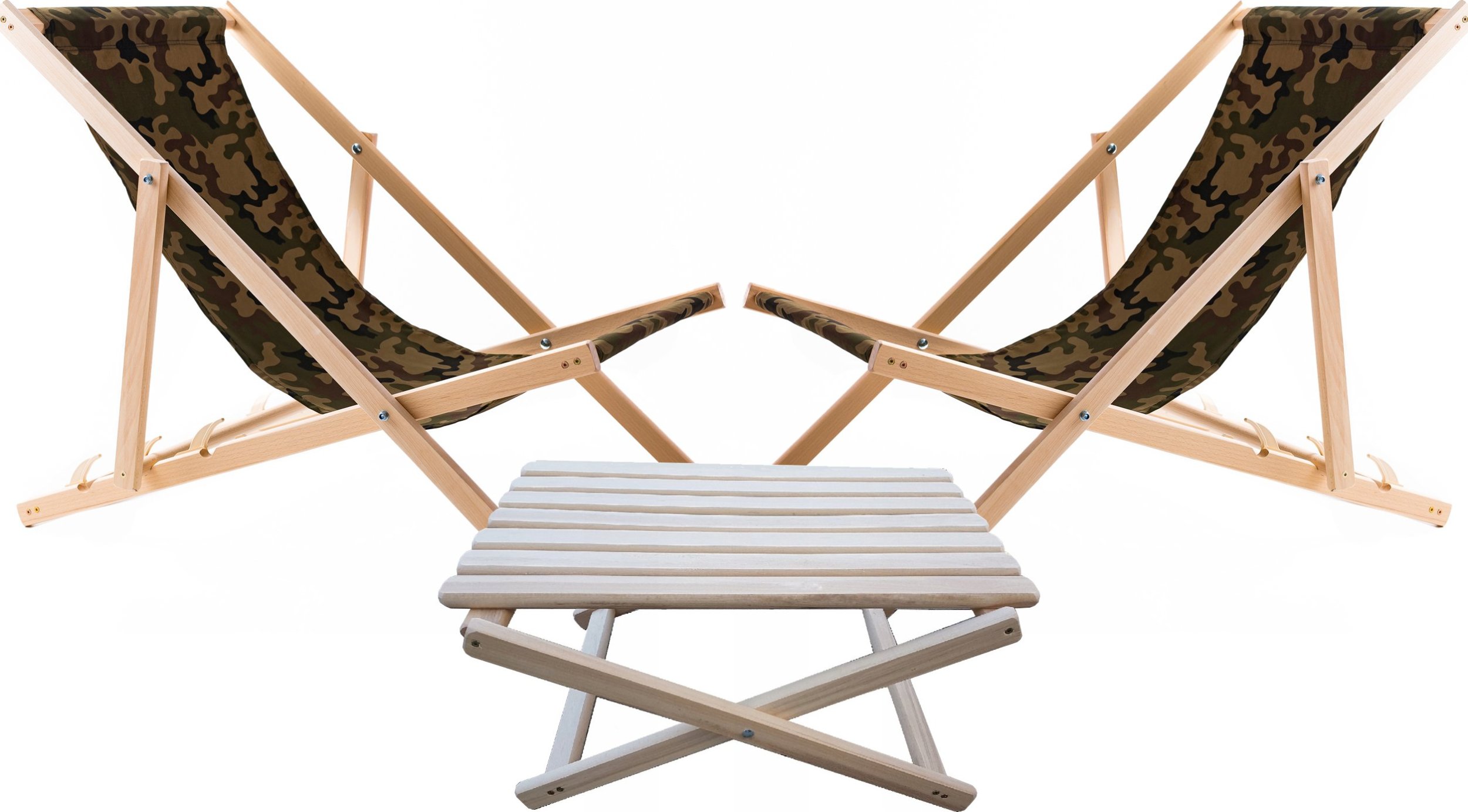 2X LEŻAK PLAŻOWY OGRODOWY DREWNIANY WOODOK moro tkanina + STOLIK KAWOWY SKŁADANY