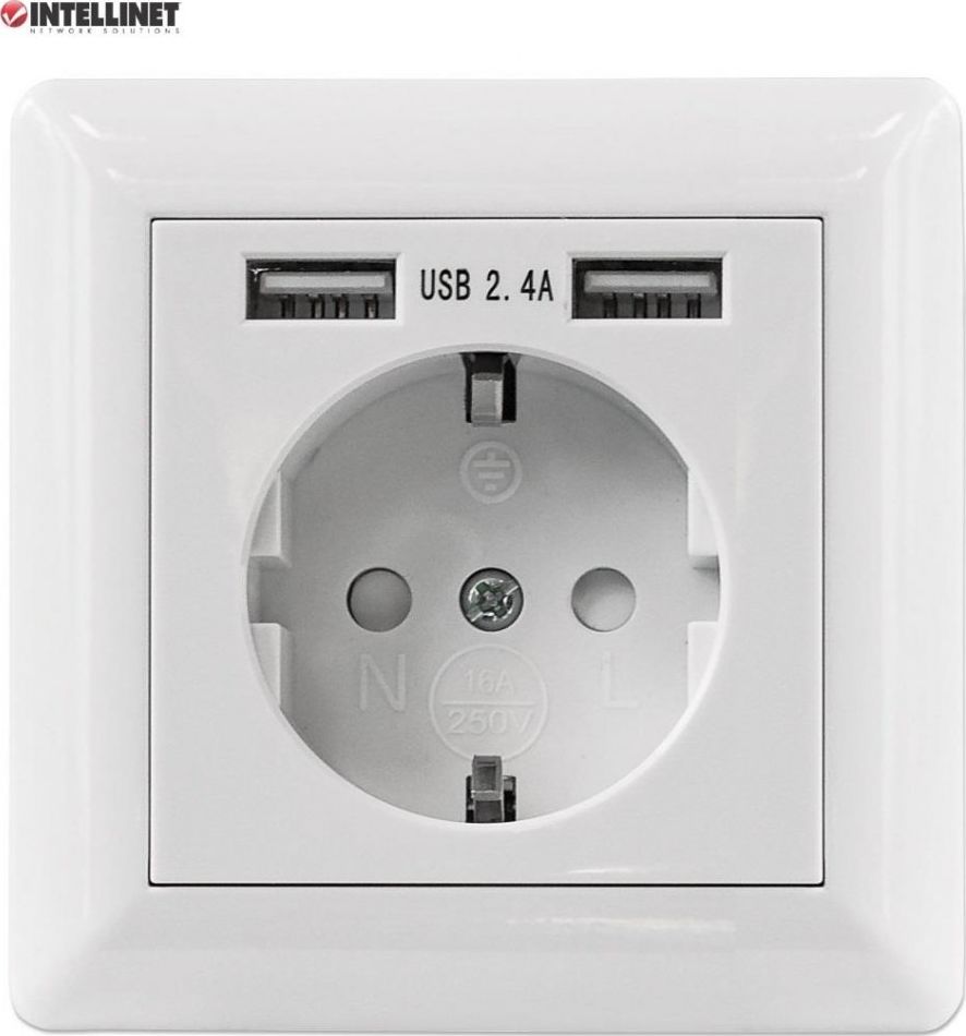 Intellinet Network Solutions Intellinet Gniazdo podtynkowe elektryczne CEE 7/3 z 2x USB-A 5V/2.1A białe