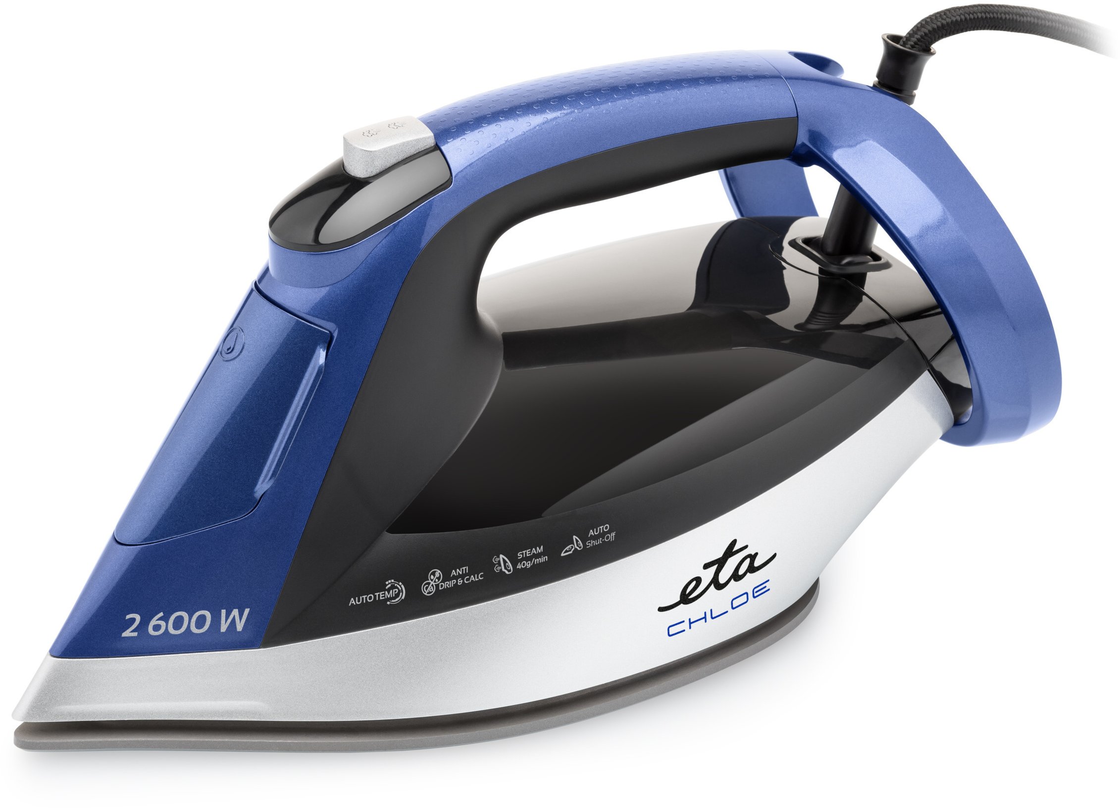 ETA Steam Iron | ETA227690000 Chloe | Steam Iron | 2600 W | Water tank capacity 350 ml | Continuous steam 40 g/min | Silver/Blue