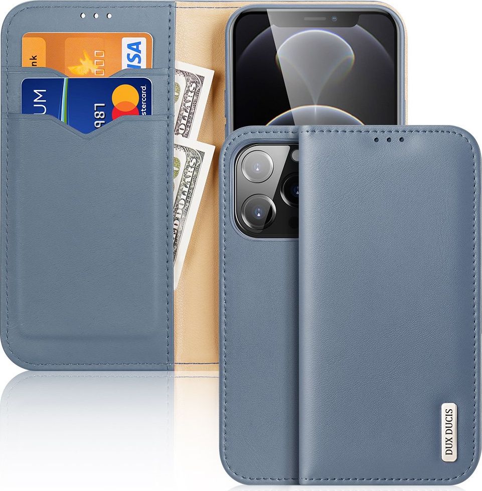 Dux Ducis Dux Ducis Hivo skórzane etui z klapką pokrowiec ze skóry naturalnej portfel na karty i dokumenty iPhone 13 Pro niebieski