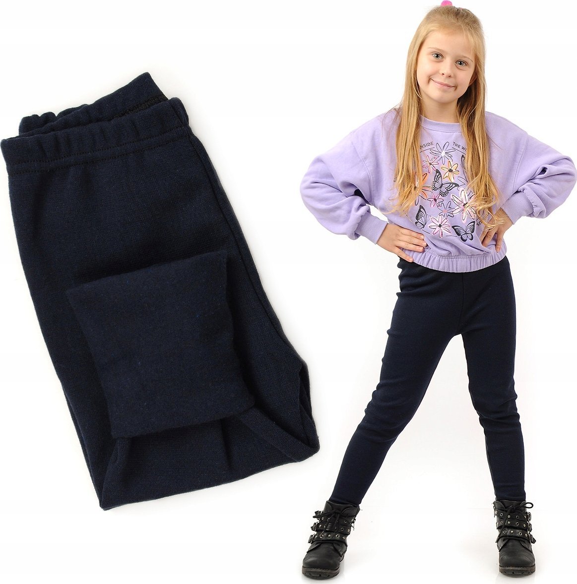 Ocieplane Legginsy dziecięce Polskie bawełniane getry Granatowe 128