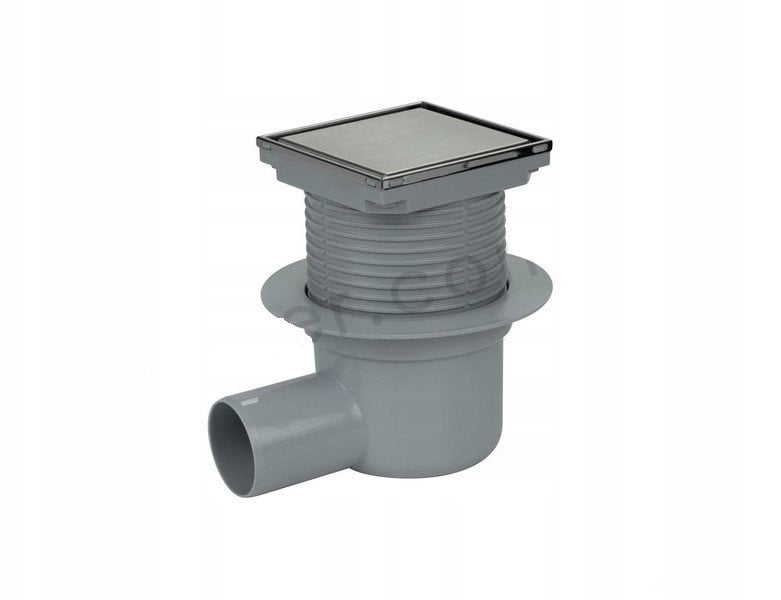 Alfaspot wpust kanalizacyjny regulowany z wyjściem bocznym fi 50 mm z kołnierzem z nierdzewna ramką i rusztem dwustronnym 100x100mm 2857