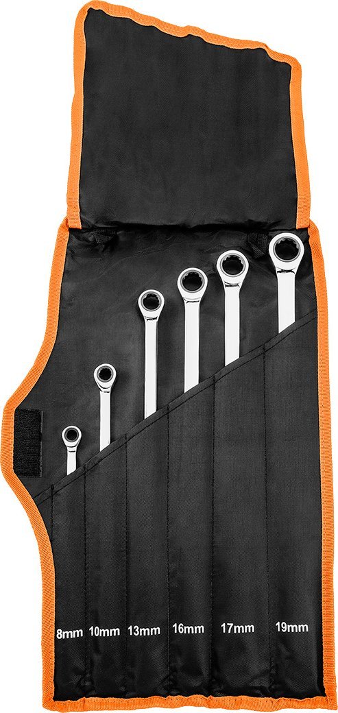 Neo Klucze oczkowe z grzechotką, długie, zestaw 6 szt., 8 - 19 mm, miękkie etui