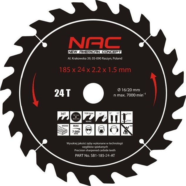 NAC TARCZA WIDIOWA NAC 185x20x24T 24 ZĘBY TNĄCE DO PILARKI TARCZOWEJ