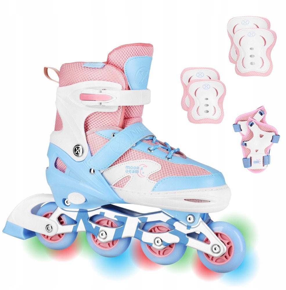 NA0189 ZESTAW LED ŁYŻWOROLKI OCHRANIACZE MOONBEAM BIAŁE ROZM. M(35-38) NILS EXTREME